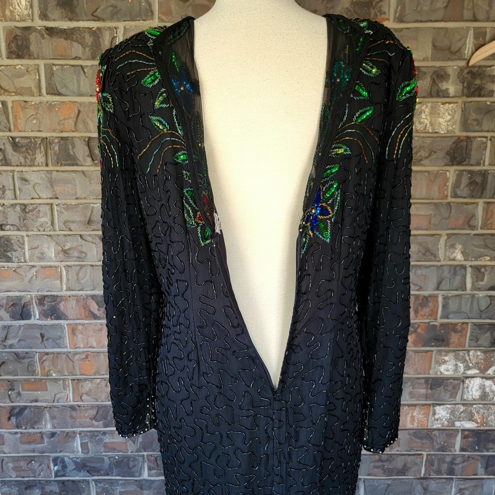 Scala Dress Womens XL Black Silk Beaded Sequin Floral Evening Gown Long Sleeve - Picture 7 of 11